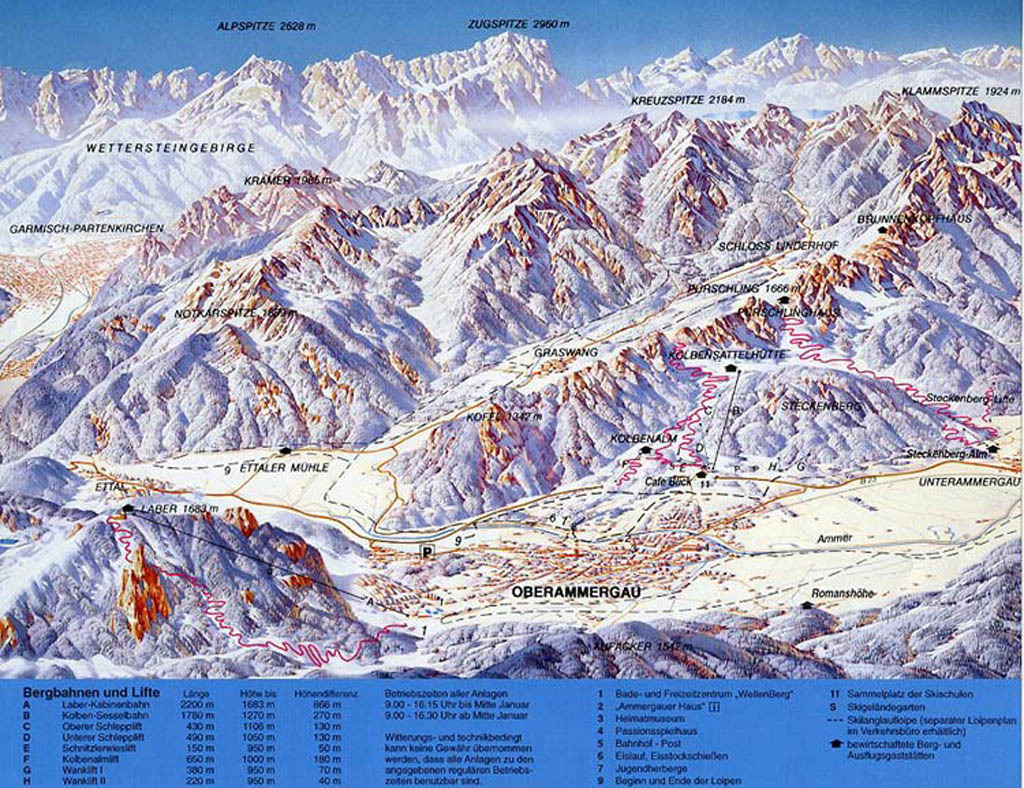 Oberammergau/Laber Ski Resort Guide, Lagenkarte